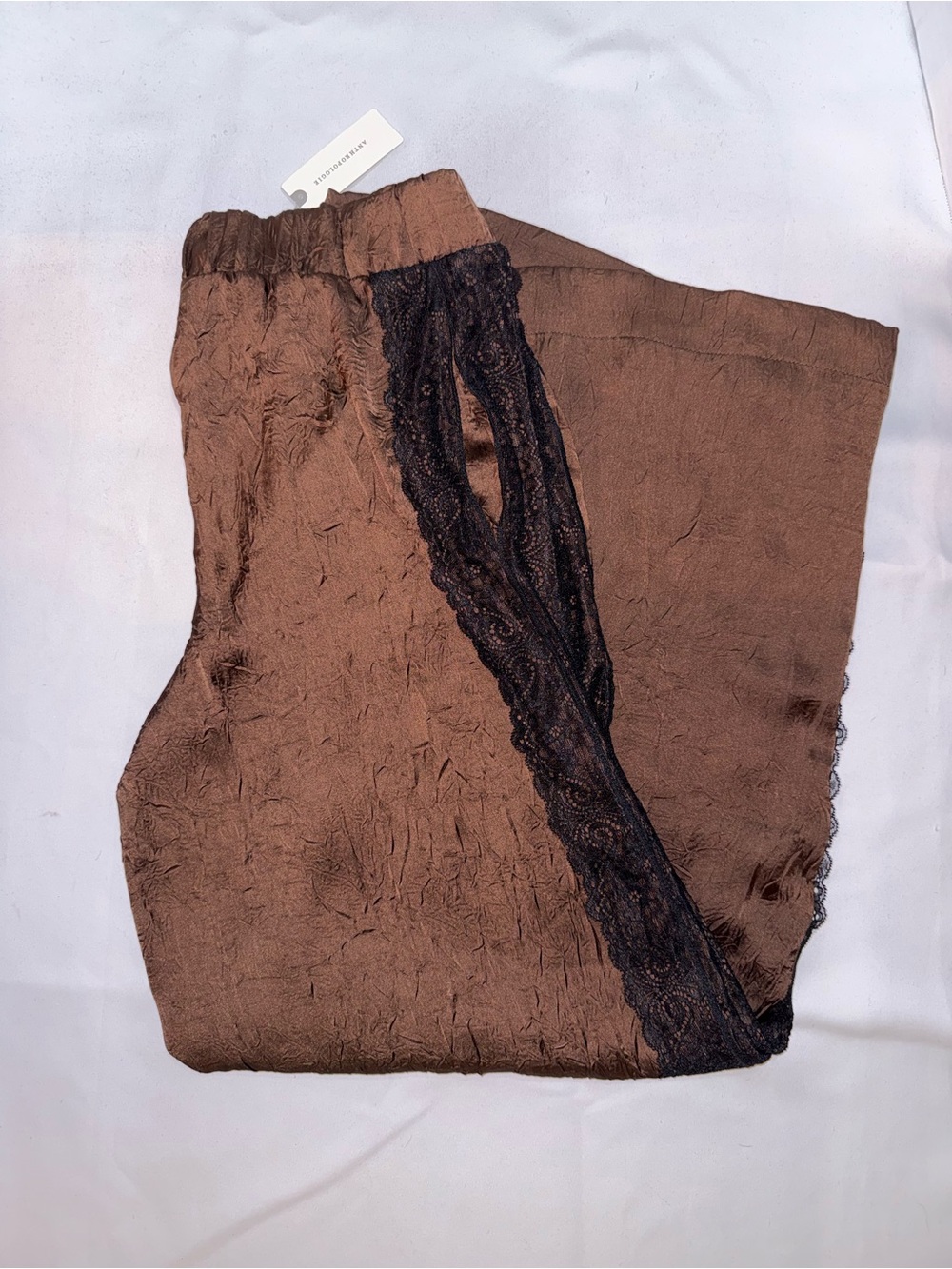 Anthropologie Brown wide legged pants with Black Lace Trim